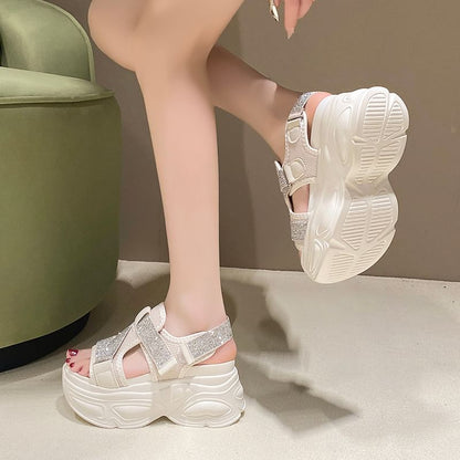 Platform Adhesive Mesh Rhinestone Strap Sandals Slingback