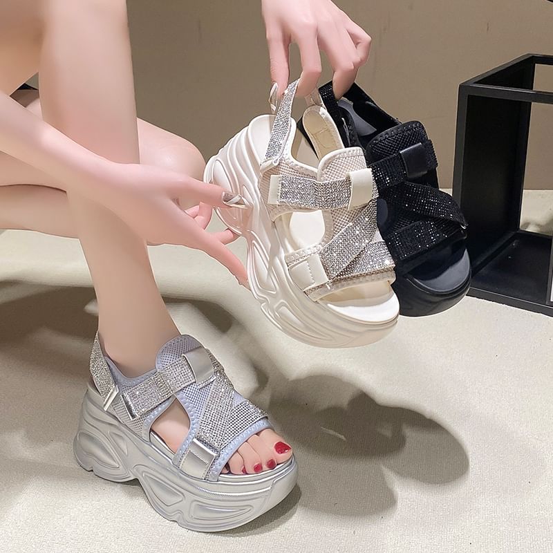Platform Adhesive Mesh Rhinestone Strap Sandals Slingback