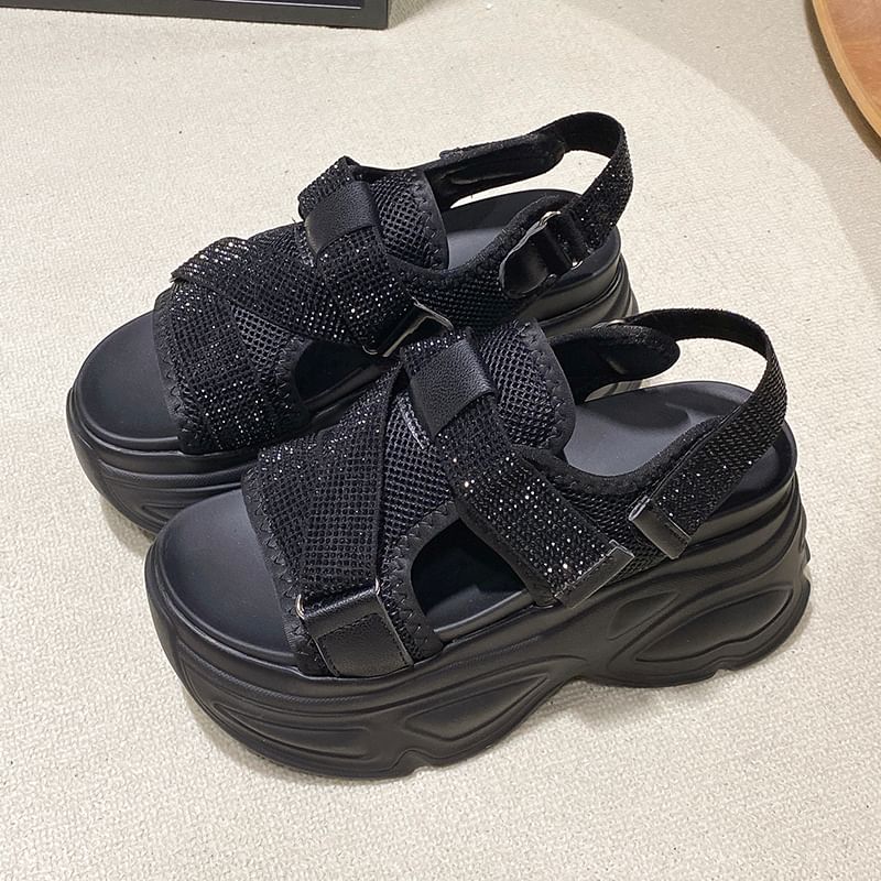 Platform Adhesive Mesh Rhinestone Strap Sandals Slingback