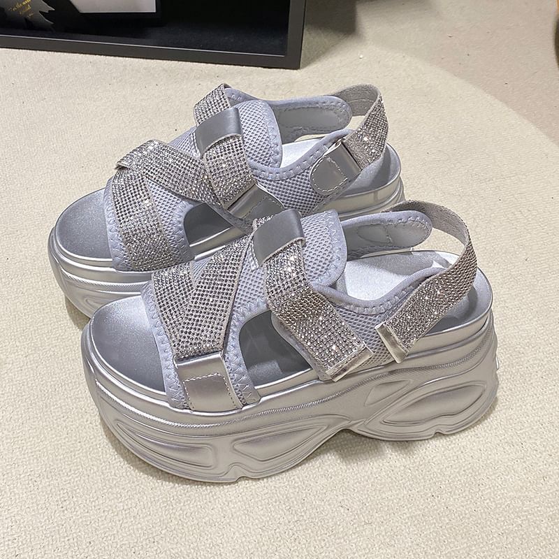 Platform Adhesive Mesh Rhinestone Strap Sandals Slingback