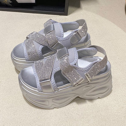 Platform Adhesive Mesh Rhinestone Strap Sandals Slingback