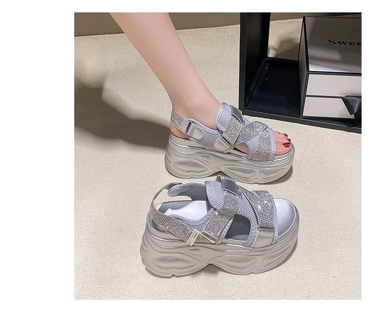 Platform Adhesive Mesh Rhinestone Strap Sandals Slingback