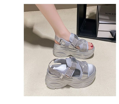 Platform Adhesive Mesh Rhinestone Strap Sandals Slingback