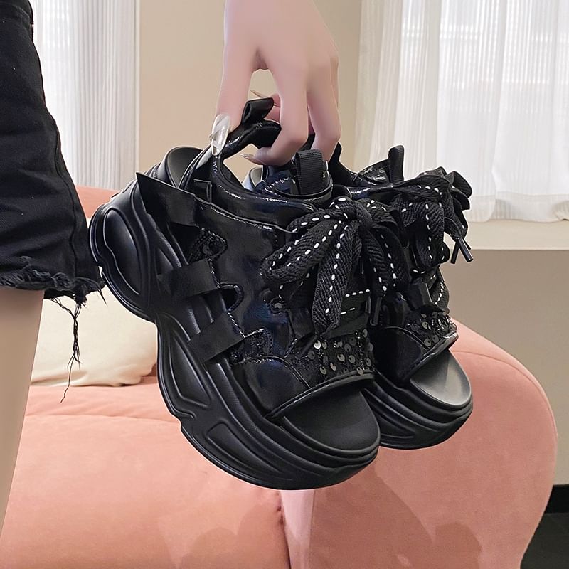 Lace-Up Sequin Platform Sandals Slingback
