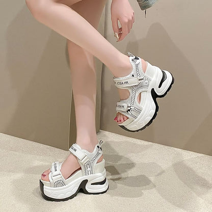 Adhesive Heel Sandals Slingback Lettering Print Strap Wedge Mesh