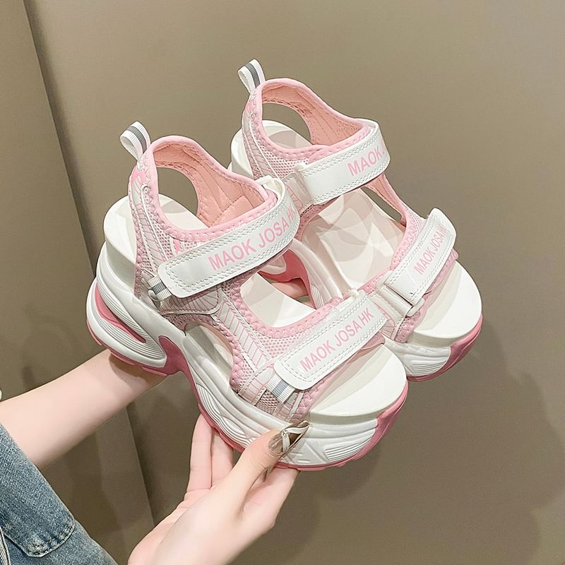 Adhesive Heel Sandals Slingback Lettering Print Strap Wedge Mesh