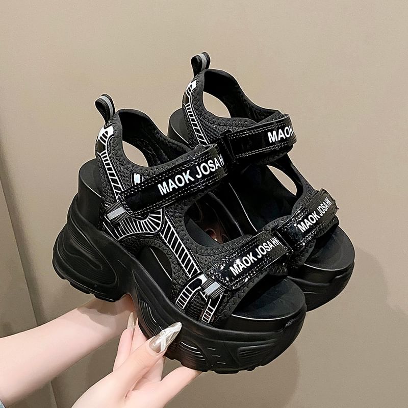 Adhesive Heel Sandals Slingback Lettering Print Strap Wedge Mesh