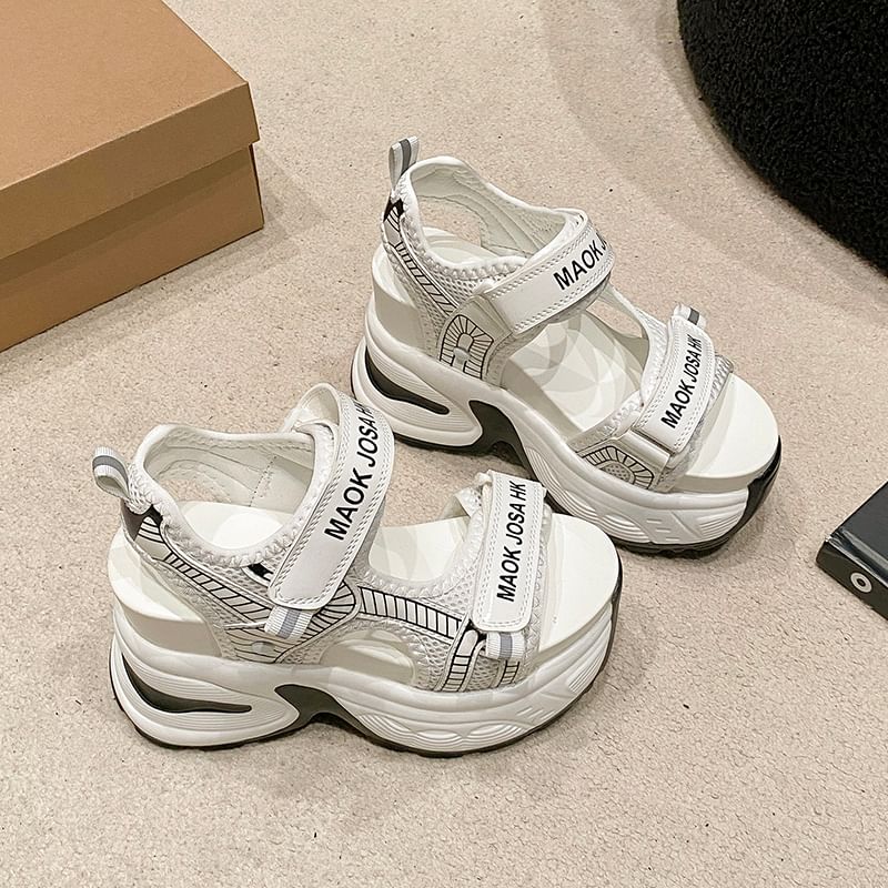 Adhesive Heel Sandals Slingback Lettering Print Strap Wedge Mesh