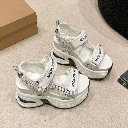 Adhesive Heel Sandals Slingback Lettering Print Strap Wedge Mesh