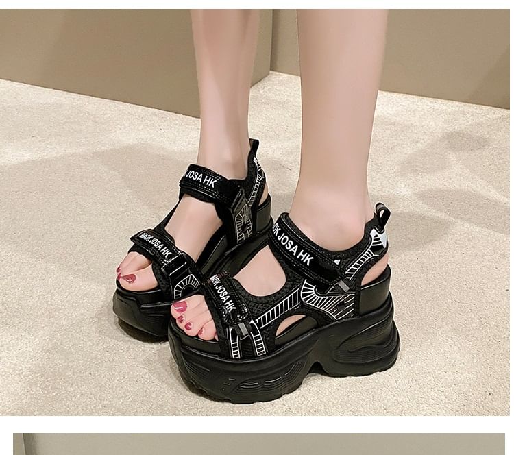 Adhesive Heel Sandals Slingback Lettering Print Strap Wedge Mesh