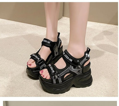 Adhesive Heel Sandals Slingback Lettering Print Strap Wedge Mesh