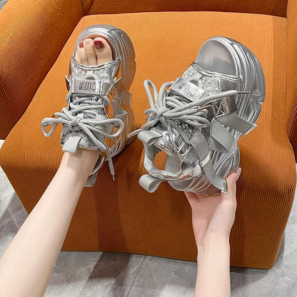 Lace-Up Platform Sequin Sandals Slingback