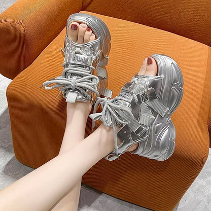 Lace-Up Platform Sequin Sandals Slingback