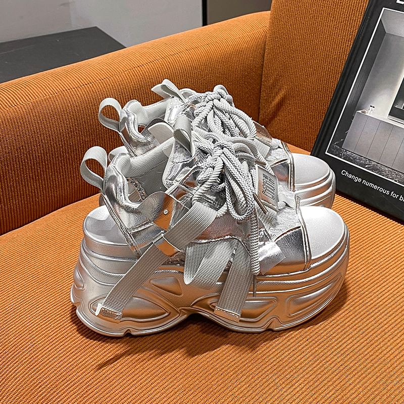 Lace-Up Platform Sequin Sandals Slingback