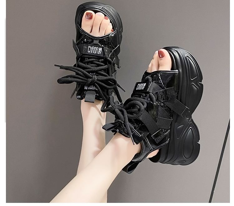 Lace-Up Platform Sequin Sandals Slingback