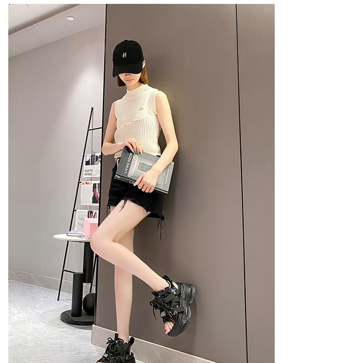 Lace-Up Platform Sequin Sandals Slingback