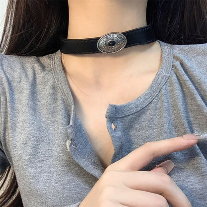 Leather Disc Choker Oval Faux Black Western