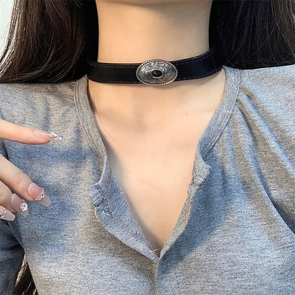 Leather Disc Choker Oval Faux Black Western