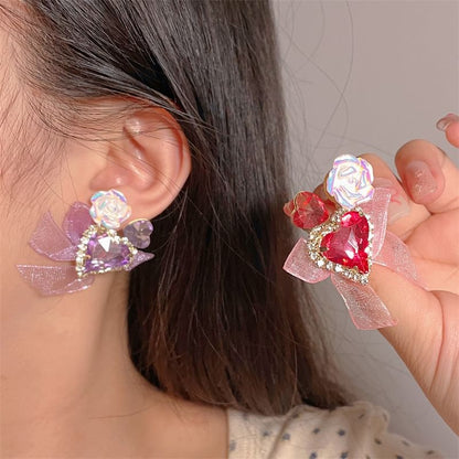 Heart-Shaped Bow Organza Earrings With Rhinestone