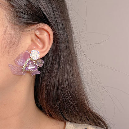 Heart-Shaped Bow Organza Earrings With Rhinestone