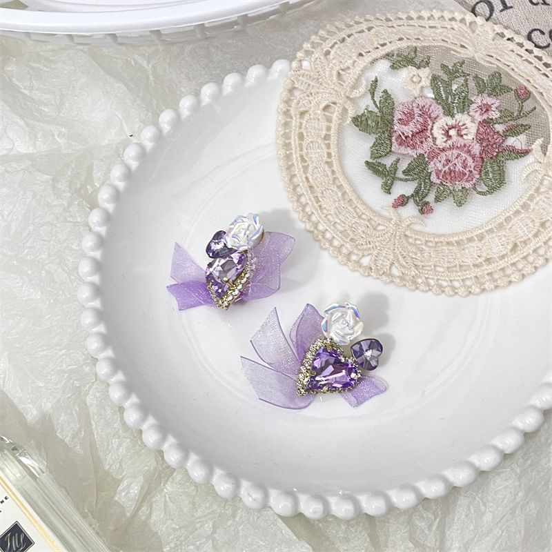 Heart-Shaped Bow Organza Earrings With Rhinestone