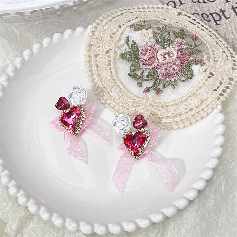 Heart-Shaped Bow Organza Earrings With Rhinestone