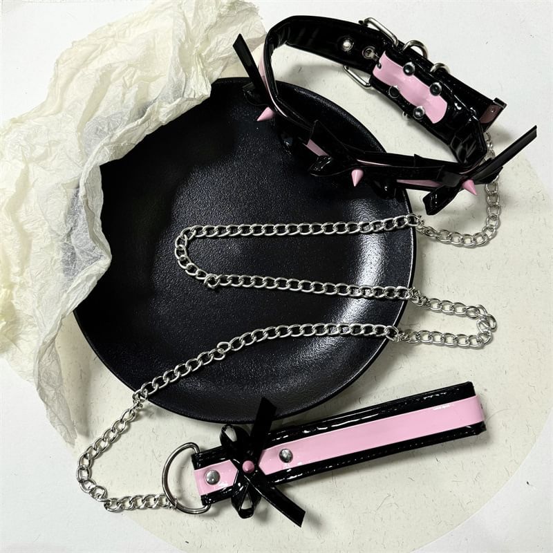 Bow Leather Style And Punk Necklace Choker With Leash Chain Faux