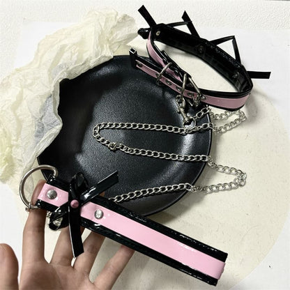Bow Leather Style And Punk Necklace Choker With Leash Chain Faux