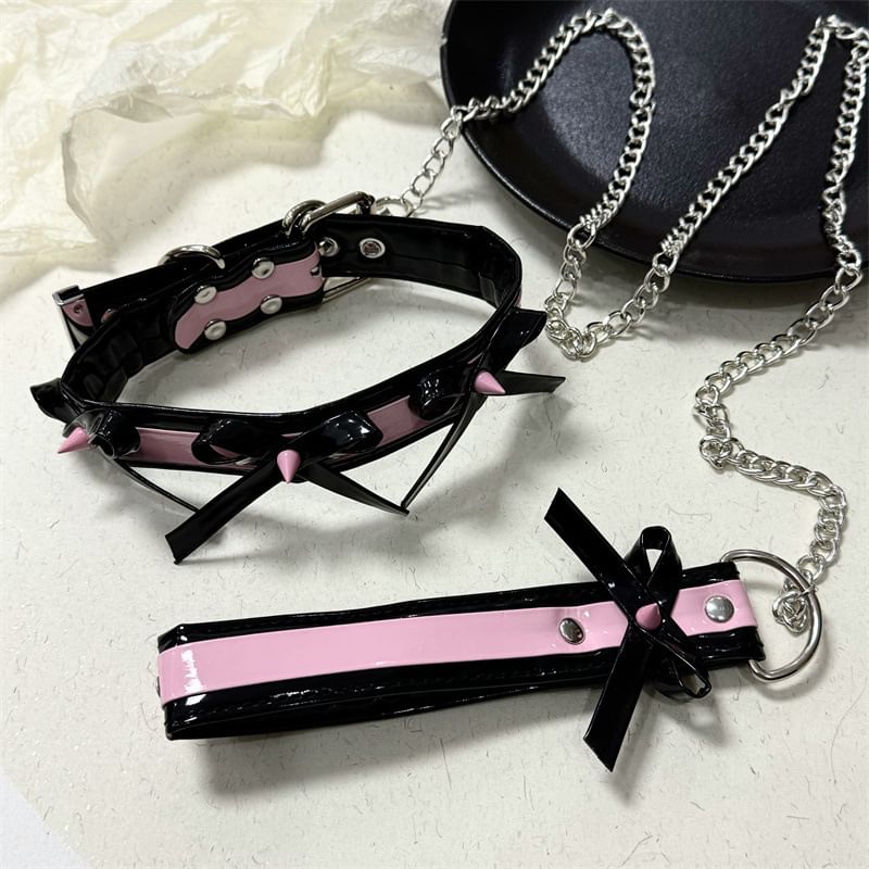 Bow Leather Style And Punk Necklace Choker With Leash Chain Faux