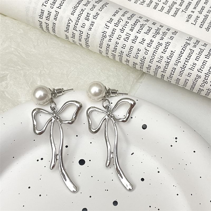 Bow Alloy Drop Faux Pearl Earring