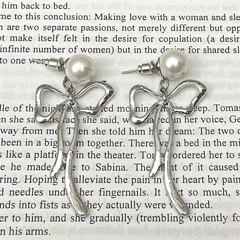 Bow Alloy Drop Faux Pearl Earring