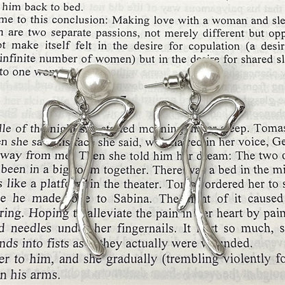 Bow Alloy Drop Faux Pearl Earring
