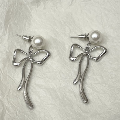 Bow Alloy Drop Faux Pearl Earring