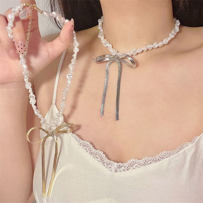 Bow Faux Choker Pearl