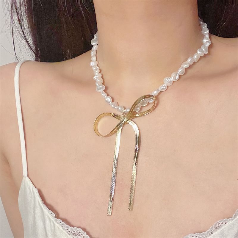 Bow Faux Choker Pearl
