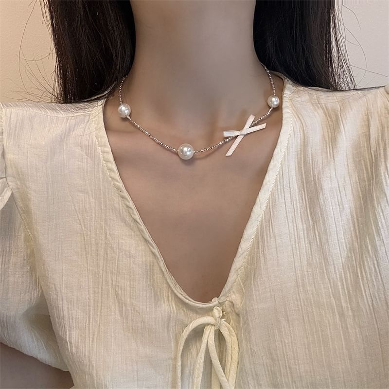 Choker Alloy Pearl Faux Ribbon