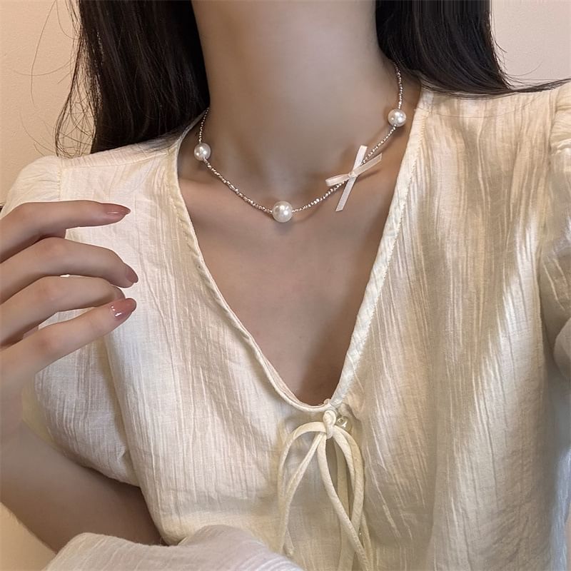 Choker Alloy Pearl Faux Ribbon