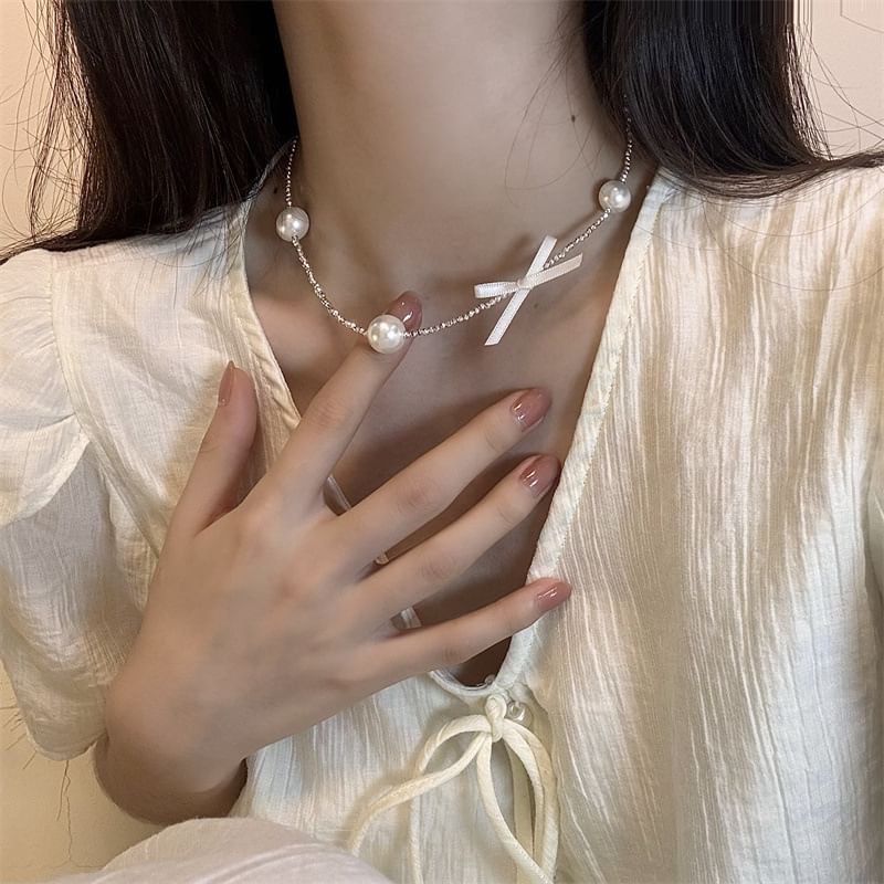 Choker Alloy Pearl Faux Ribbon