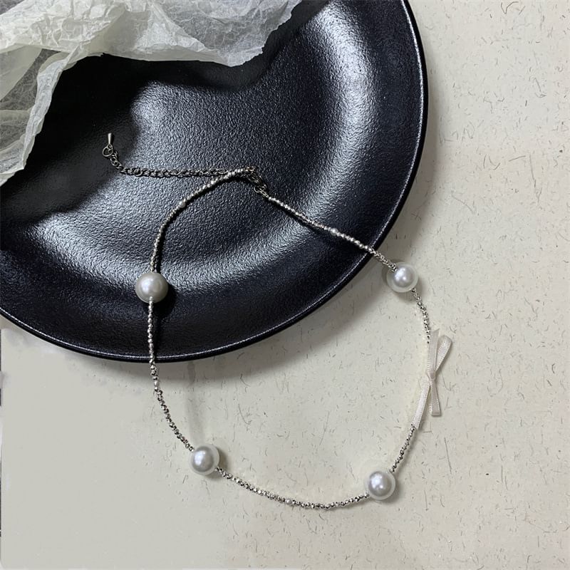 Choker Alloy Pearl Faux Ribbon