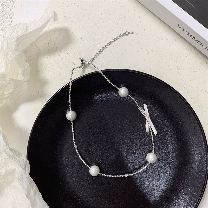 Choker Alloy Pearl Faux Ribbon