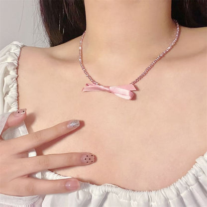 Pendant Bow Beaded With Necklace