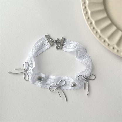 Rivets White Bow Choker With Lace And Spike Necklace