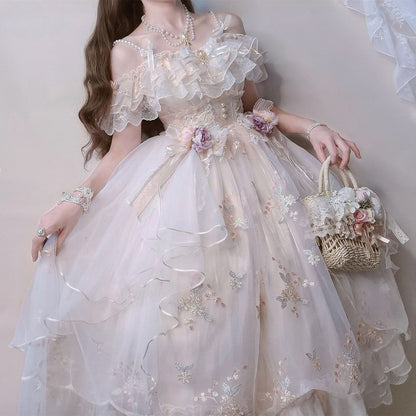 Ruffle Trim Floral Embroidered Lolita Midi A-Line Dress Set