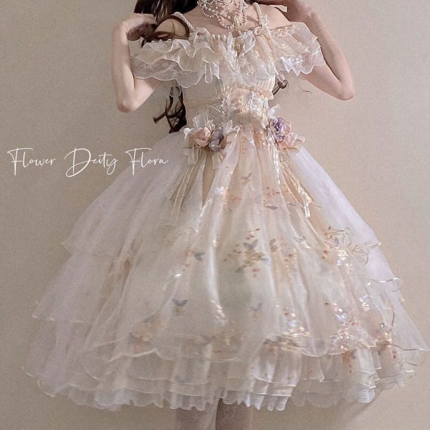 Ruffle Trim Floral Embroidered Lolita Midi A-Line Dress Set