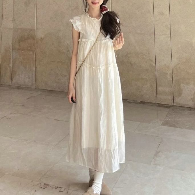 Sheer Plain A-Line Dress Midi Cap-Sleeve