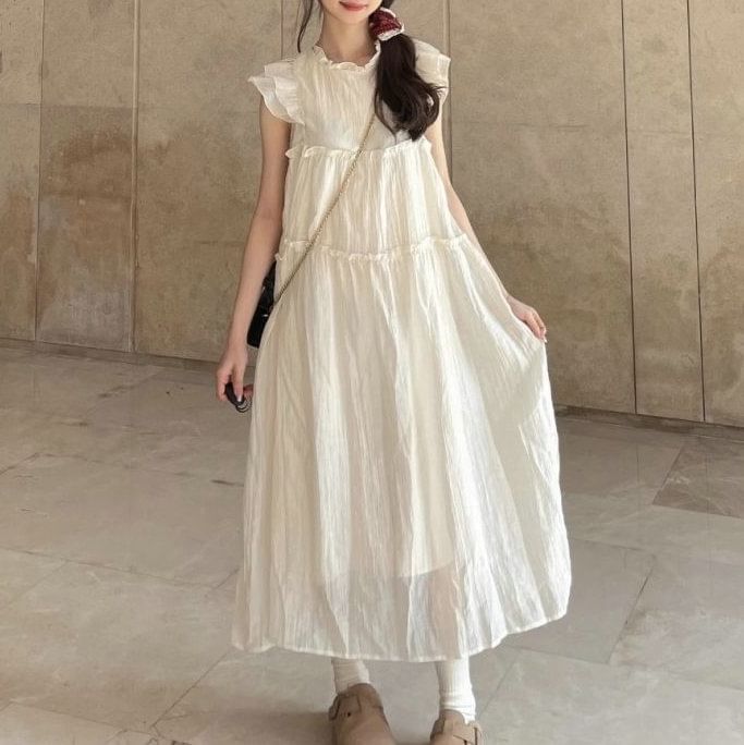 Sheer Plain A-Line Dress Midi Cap-Sleeve