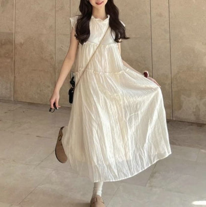 Sheer Plain A-Line Dress Midi Cap-Sleeve