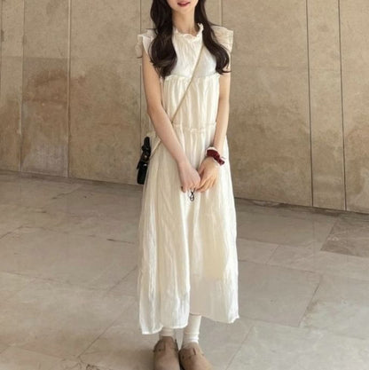 Sheer Plain A-Line Dress Midi Cap-Sleeve