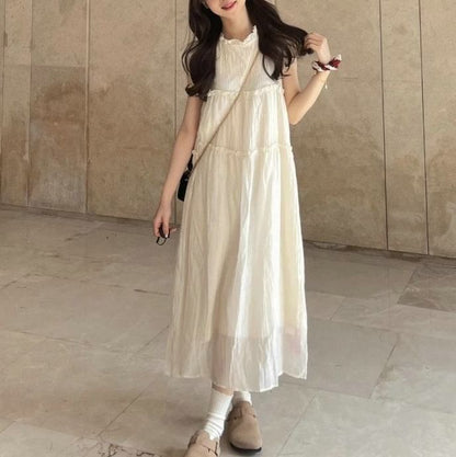 Sheer Plain A-Line Dress Midi Cap-Sleeve