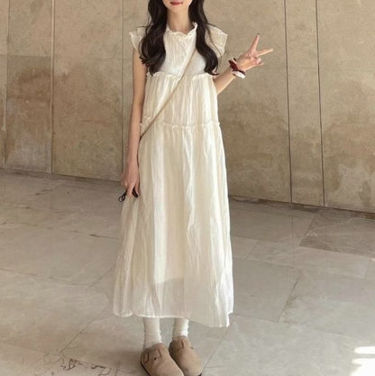 Sheer Plain A-Line Dress Midi Cap-Sleeve